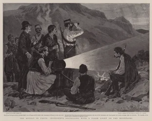 Oprøret på Kreta, oprørere, der signalerer med et blitzlys på bjerget